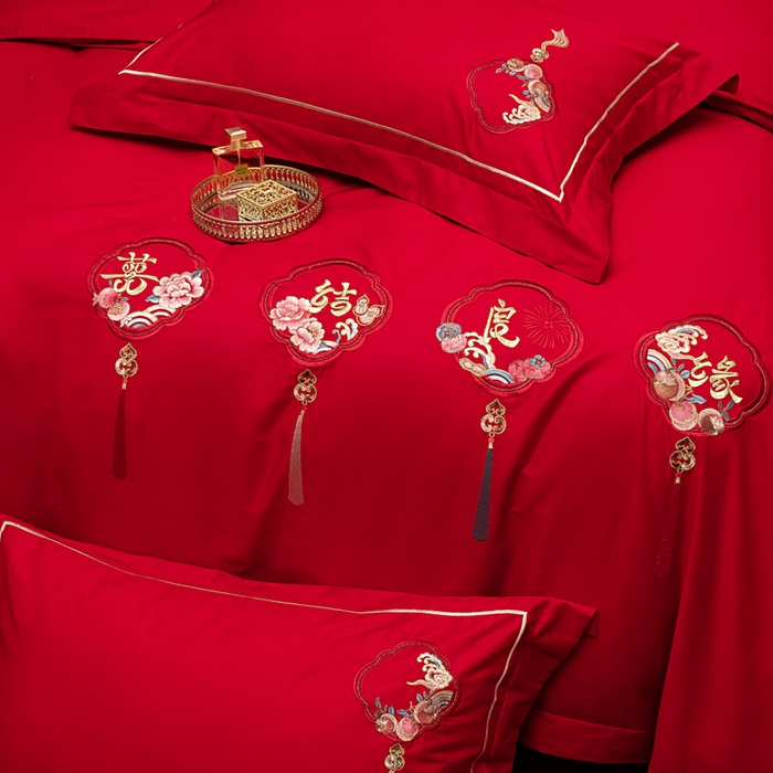 91家纺网 家纺一手货源 找家纺 千禧家纺2025新款13372全棉绣花婚庆四件套 喜结良缘