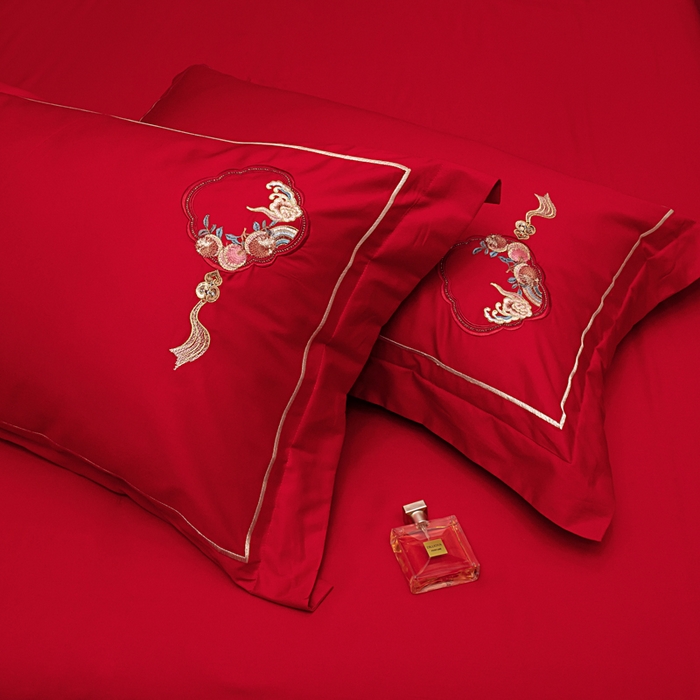 91家纺网 家纺一手货源 找家纺 千禧家纺2025新款13372全棉绣花婚庆四件套 喜结良缘