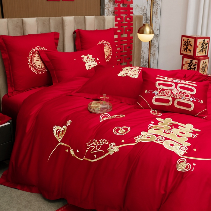 91家纺网 家纺一手货源 找家纺 千禧家纺2025新款13372全棉绣花婚庆四件套 心动爱恋