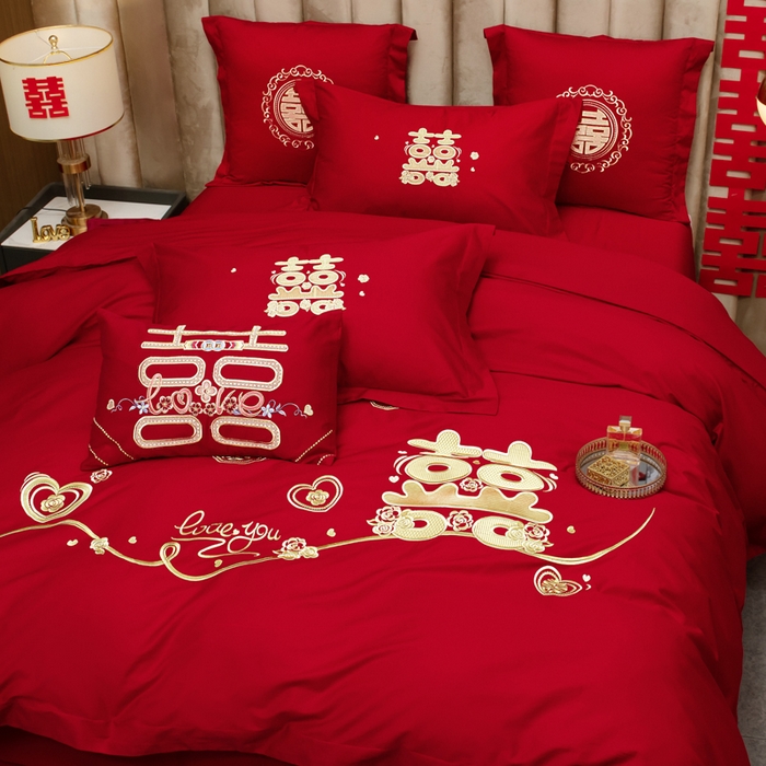 91家纺网 家纺一手货源 找家纺 千禧家纺2025新款13372全棉绣花婚庆四件套 心动爱恋