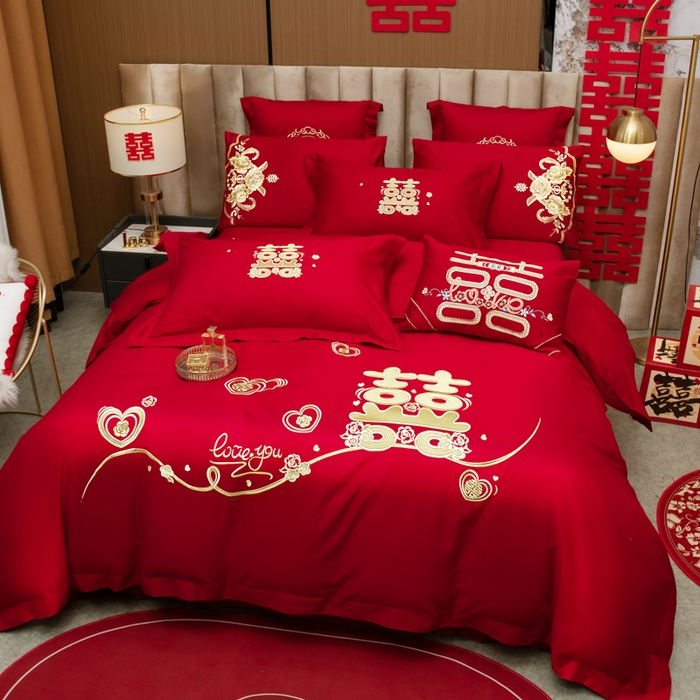 91家纺网 家纺一手货源 找家纺 千禧家纺2025新款13372全棉绣花婚庆四件套 心动爱恋