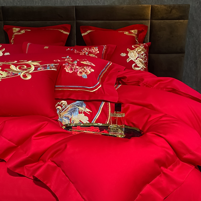 91家纺网 家纺一手货源 找家纺 千禧家纺2025新款13372全棉绣花婚庆四件套 挚爱江山