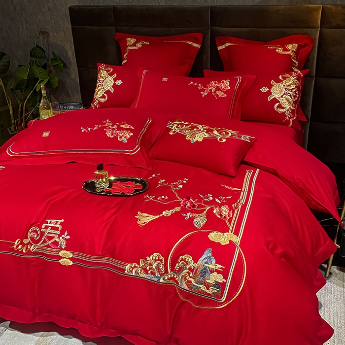 91家纺网 家纺一手货源 找家纺 千禧家纺2025新款13372全棉绣花婚庆四件套 挚爱江山