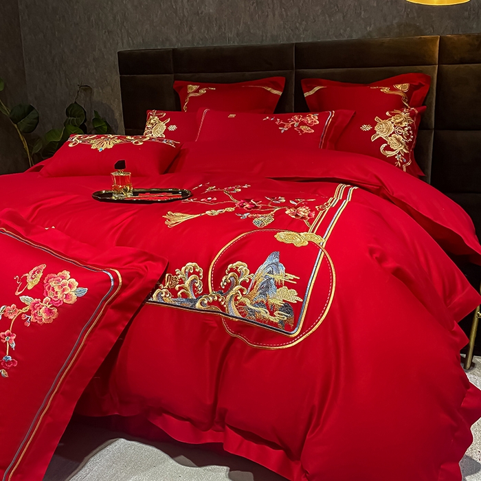 91家纺网 家纺一手货源 找家纺 千禧家纺2025新款13372全棉绣花婚庆四件套 挚爱江山