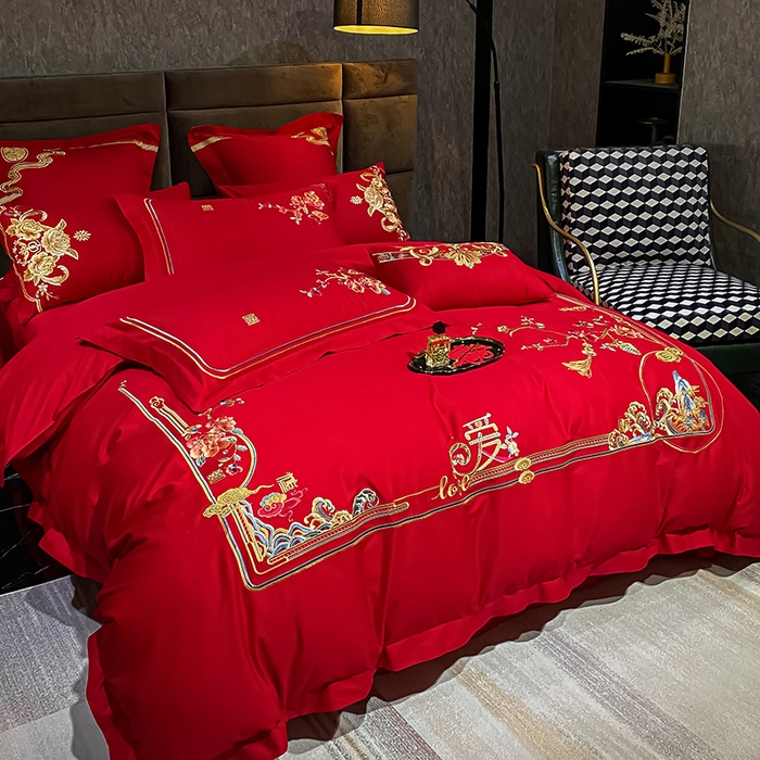 91家纺网 家纺一手货源 找家纺 千禧家纺2025新款13372全棉绣花婚庆四件套 挚爱江山