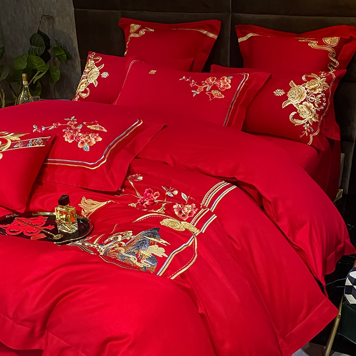 91家纺网 家纺一手货源 找家纺 千禧家纺2025新款13372全棉绣花婚庆四件套 挚爱江山