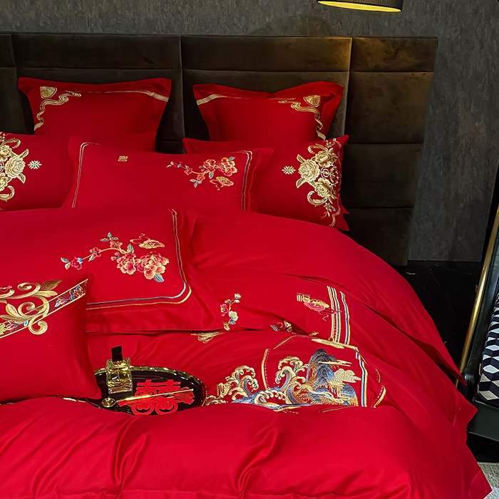 91家纺网 家纺一手货源 找家纺 千禧家纺2025新款13372全棉绣花婚庆四件套 挚爱江山