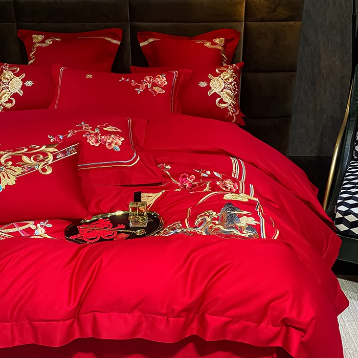 91家纺网 家纺一手货源 找家纺 千禧家纺2025新款13372全棉绣花婚庆四件套 挚爱江山