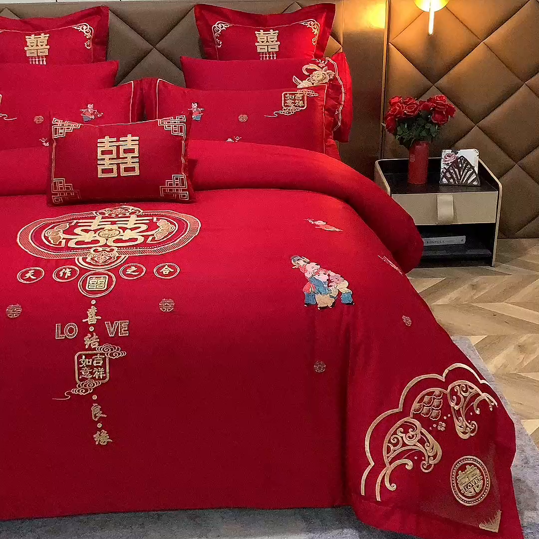 91家纺网 家纺一手货源 找家纺 千禧家纺2025新款13372全棉绣花婚庆四件套 天作之合