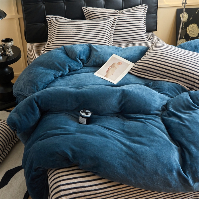 91家纺网 家纺一手货源 找家纺 （总）兰紫橙2025新款条纹牛奶绒四件套