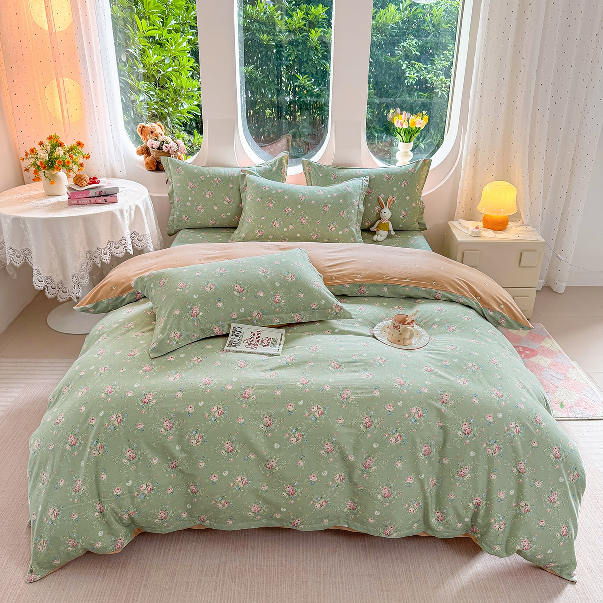 91家纺网 家纺一手货源 找家纺 壹贝家纺2025新款全棉四件套 沐熙花-绿