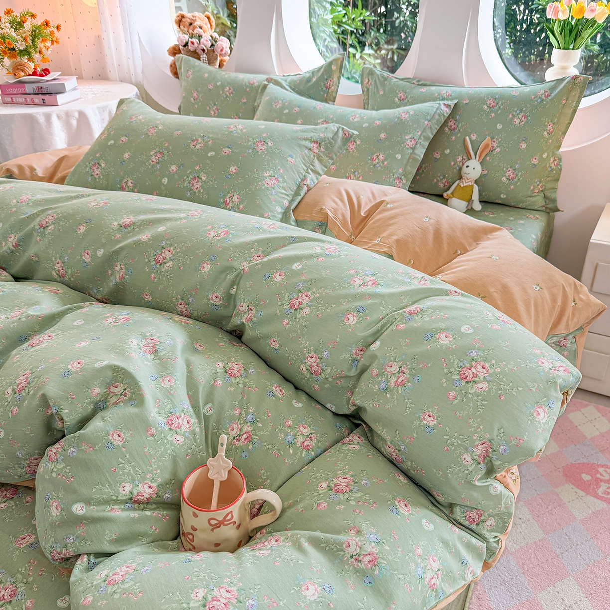 91家纺网 家纺一手货源 找家纺 壹贝家纺2025新款全棉四件套 沐熙花-绿