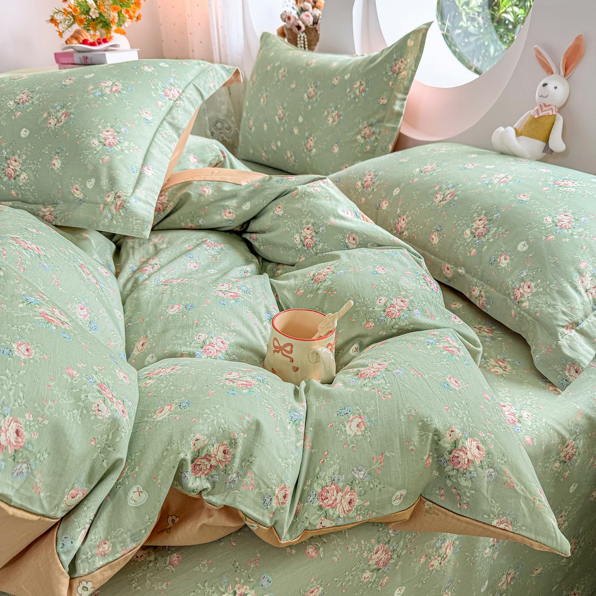 91家纺网 家纺一手货源 找家纺 壹贝家纺2025新款全棉四件套 沐熙花-绿