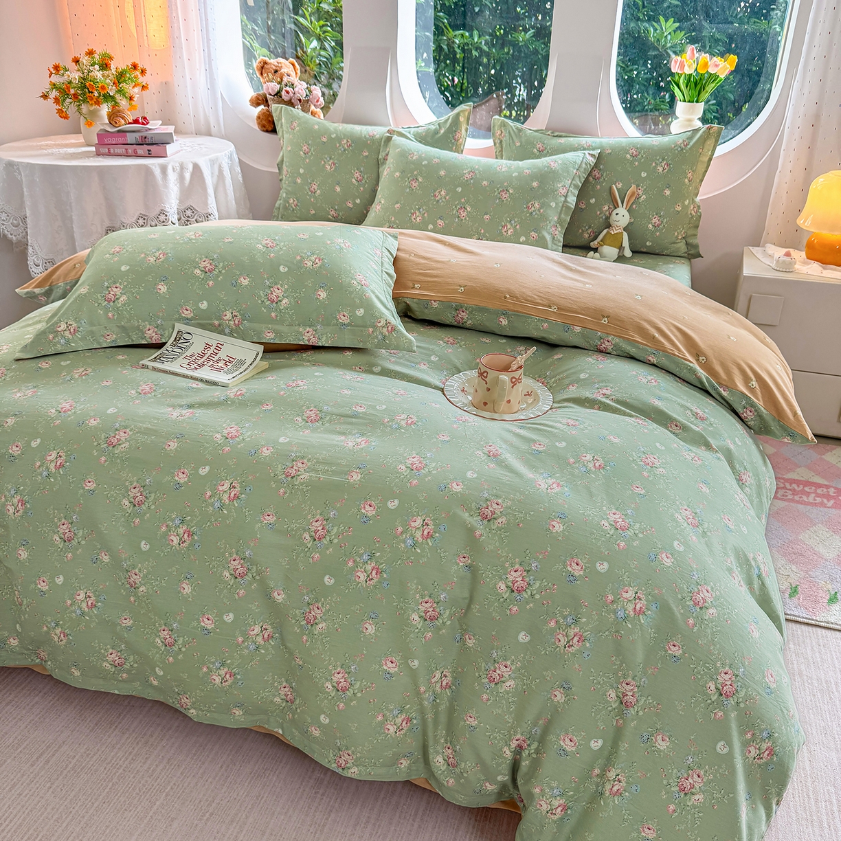 91家纺网 家纺一手货源 找家纺 壹贝家纺2025新款全棉四件套 沐熙花-绿