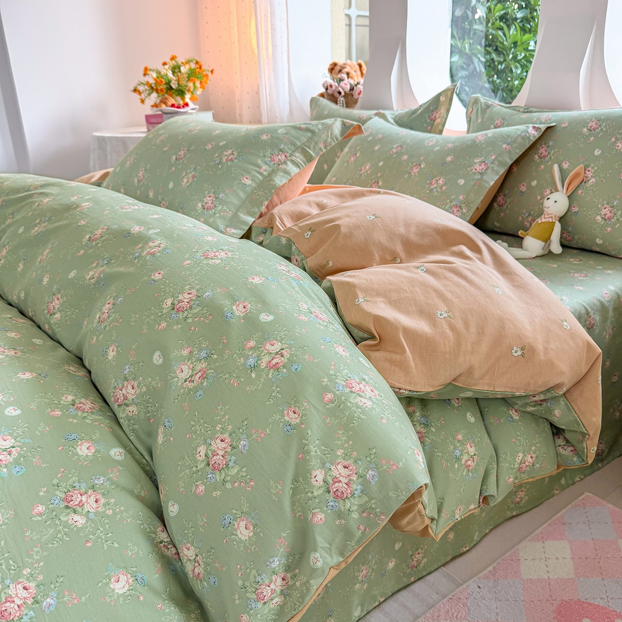 壹贝家纺2025新款全棉四件套 沐熙花-绿