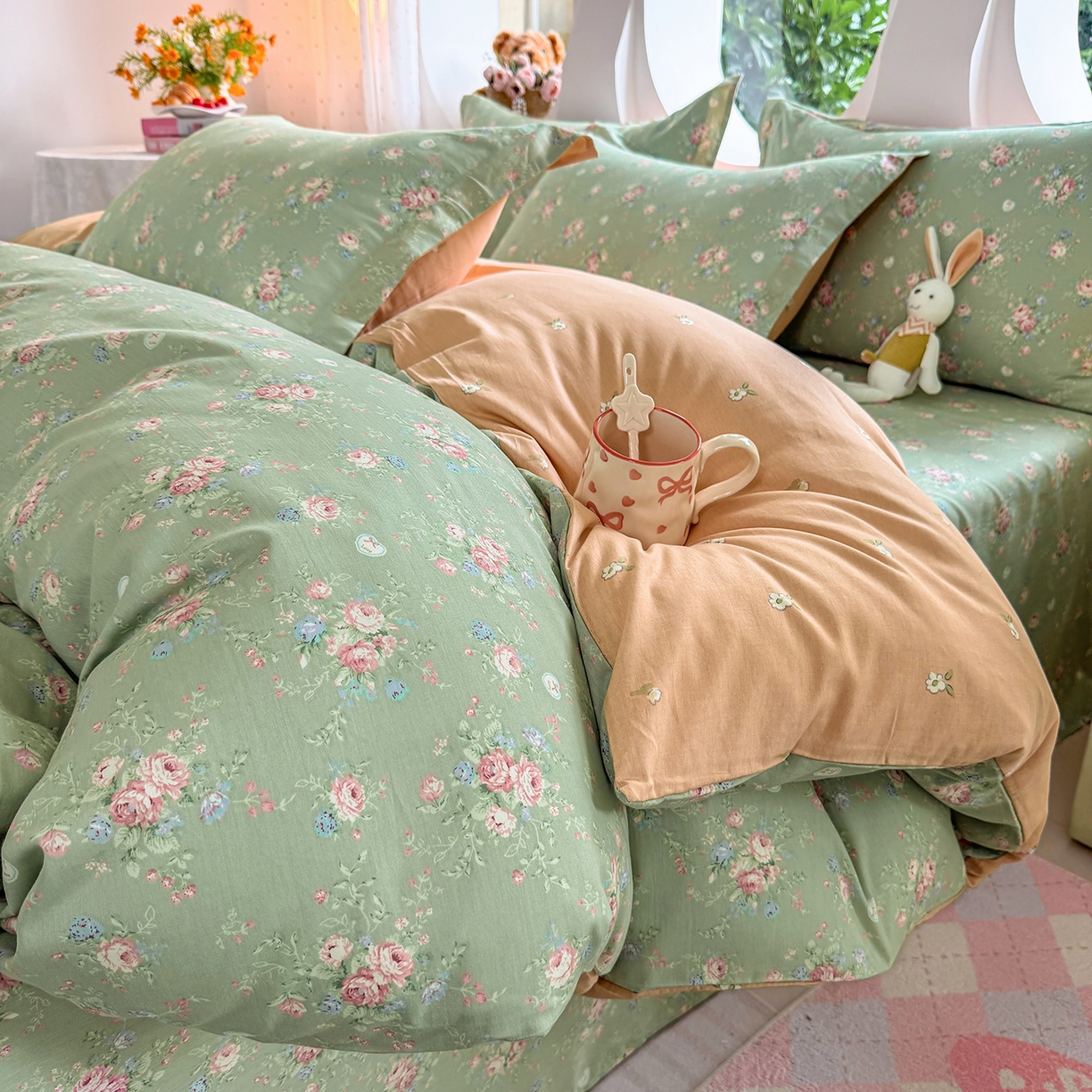 91家纺网 家纺一手货源 找家纺 壹贝家纺2025新款全棉四件套 沐熙花-绿