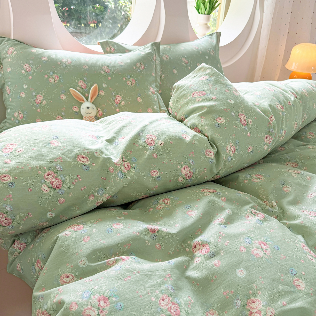 91家纺网 家纺一手货源 找家纺 壹贝家纺2025新款全棉四件套 沐熙花-绿