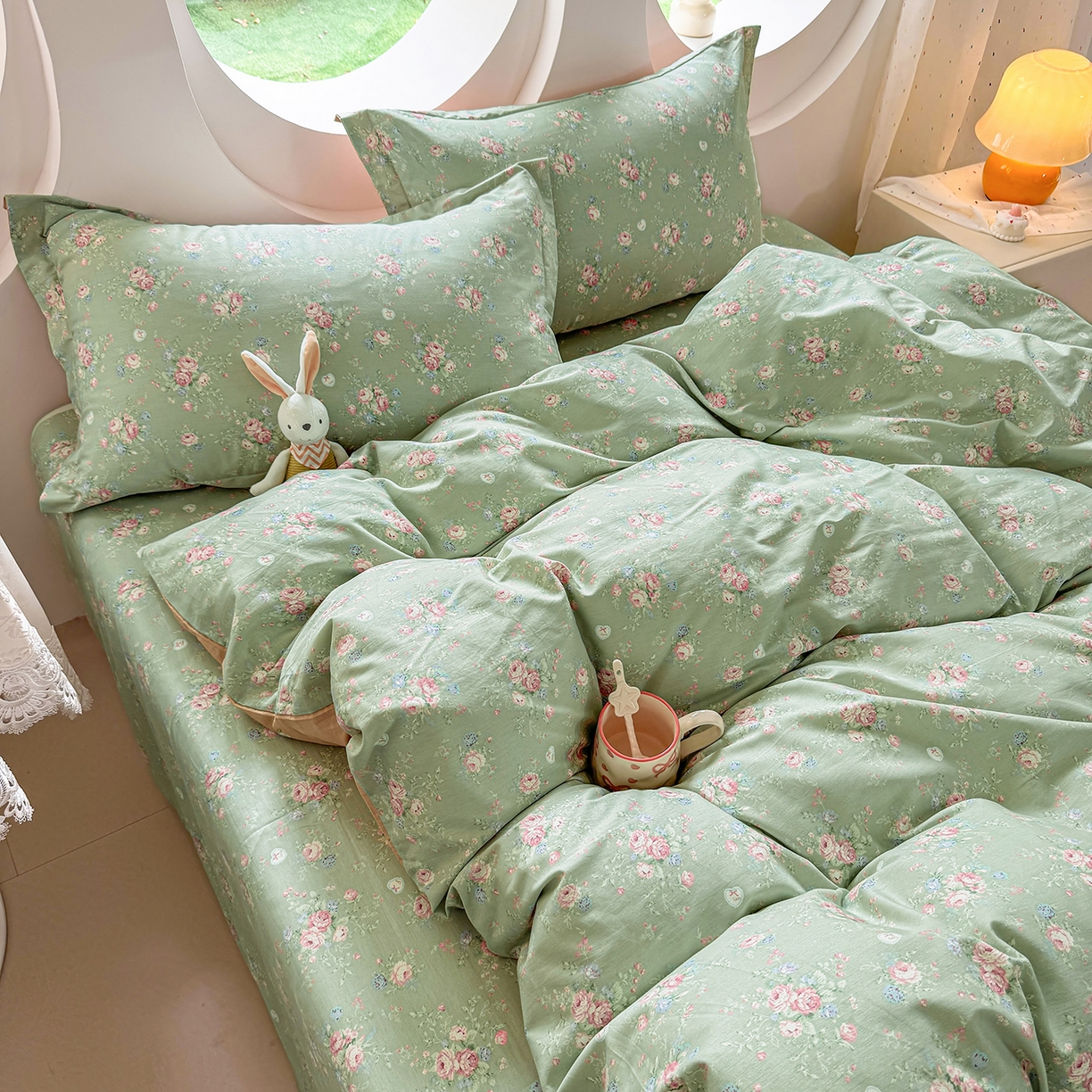 91家纺网 家纺一手货源 找家纺 壹贝家纺2025新款全棉四件套 沐熙花-绿