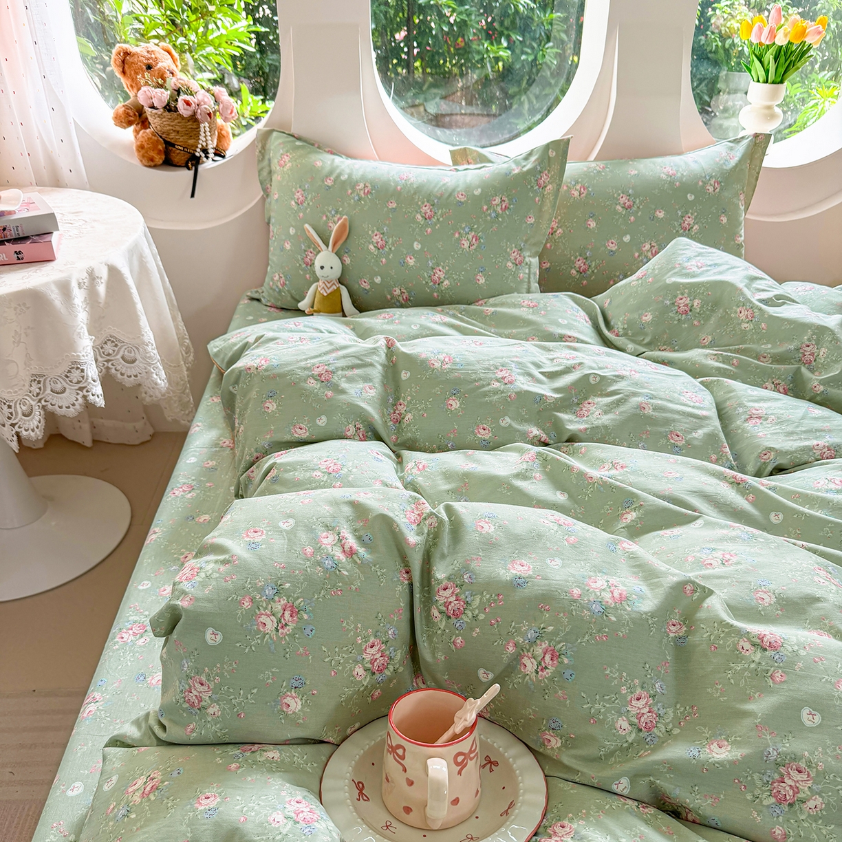 91家纺网 家纺一手货源 找家纺 壹贝家纺2025新款全棉四件套 沐熙花-绿