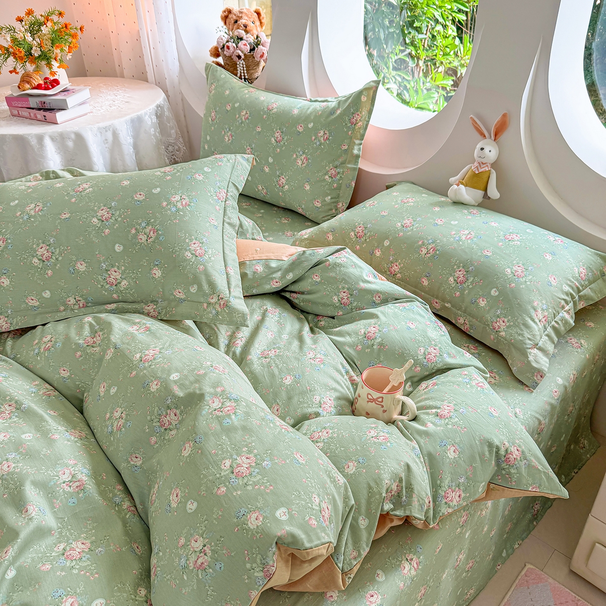 91家纺网 家纺一手货源 找家纺 壹贝家纺2025新款全棉四件套 沐熙花-绿