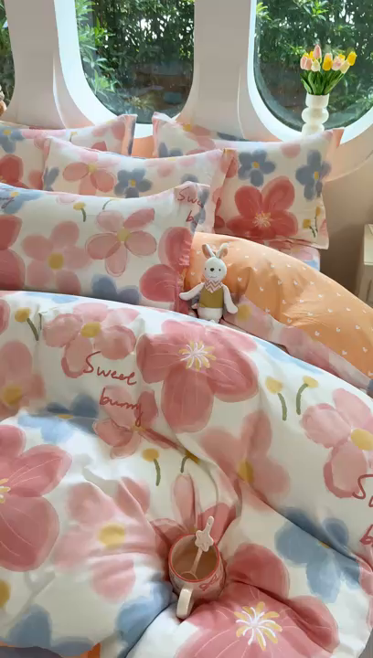 91家纺网 家纺一手货源 找家纺 壹贝家纺2025新款全棉四件套 夕颜花开