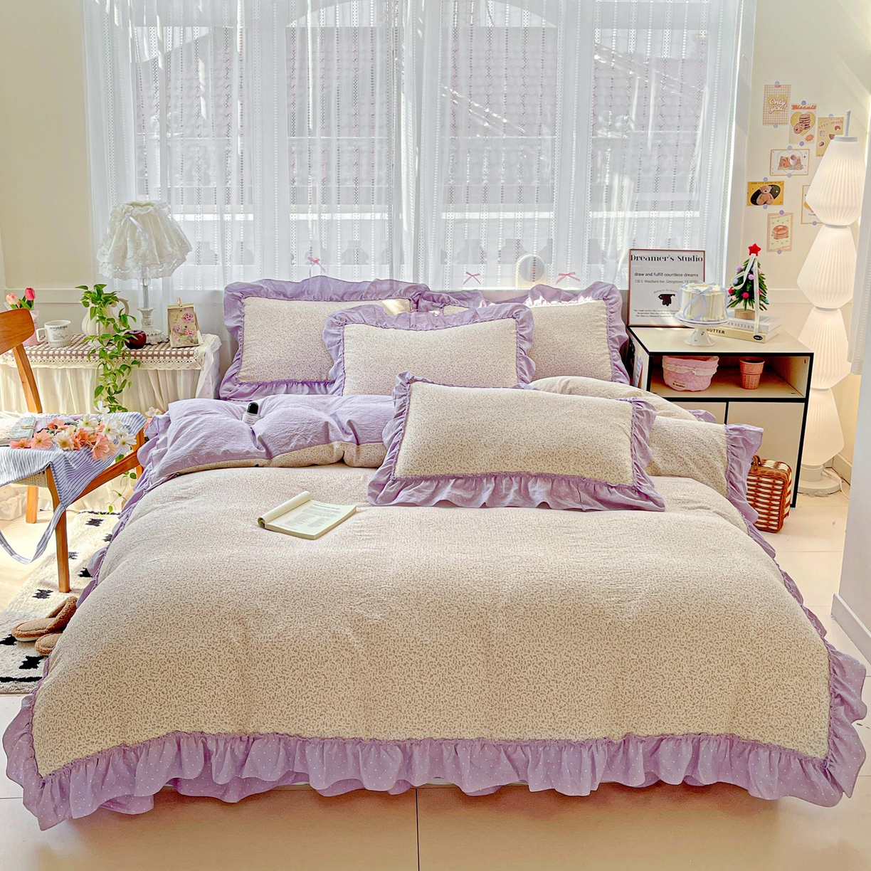 91家纺网 家纺一手货源 找家纺 2025秋冬加厚款云感亲肤棉邹邹纱床盖床裙四件套-仙美密拷花边 波点女王-丁香紫