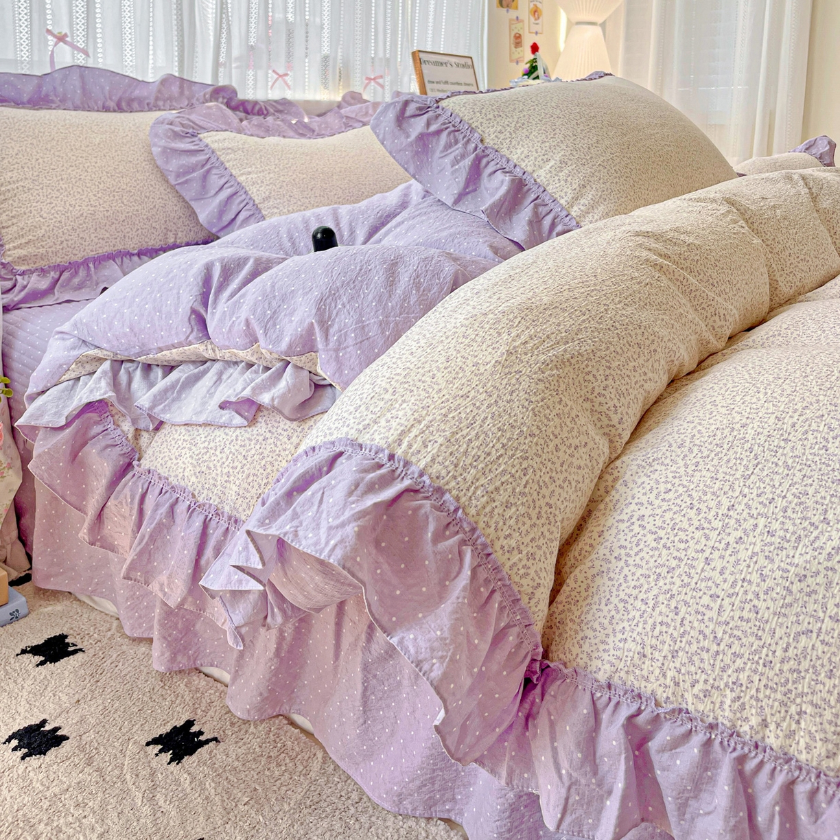 2025秋冬加厚款云感亲肤棉邹邹纱床盖床裙四件套-仙美密拷花边 波点女王-丁香紫