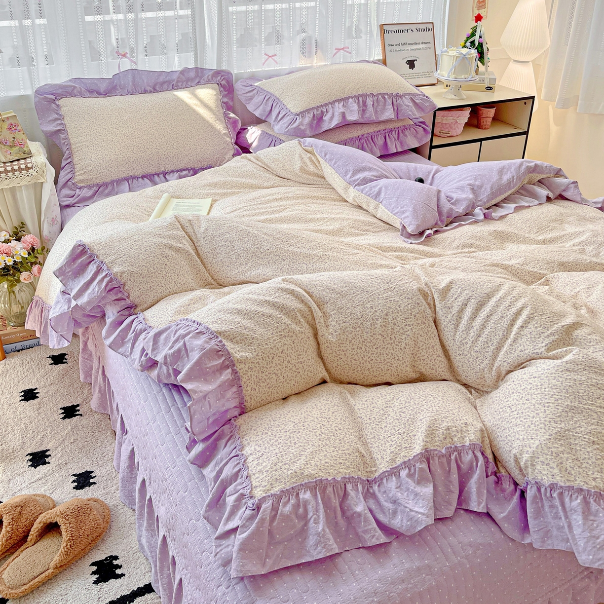 91家纺网 家纺一手货源 找家纺 2025秋冬加厚款云感亲肤棉邹邹纱床盖床裙四件套-仙美密拷花边 波点女王-丁香紫