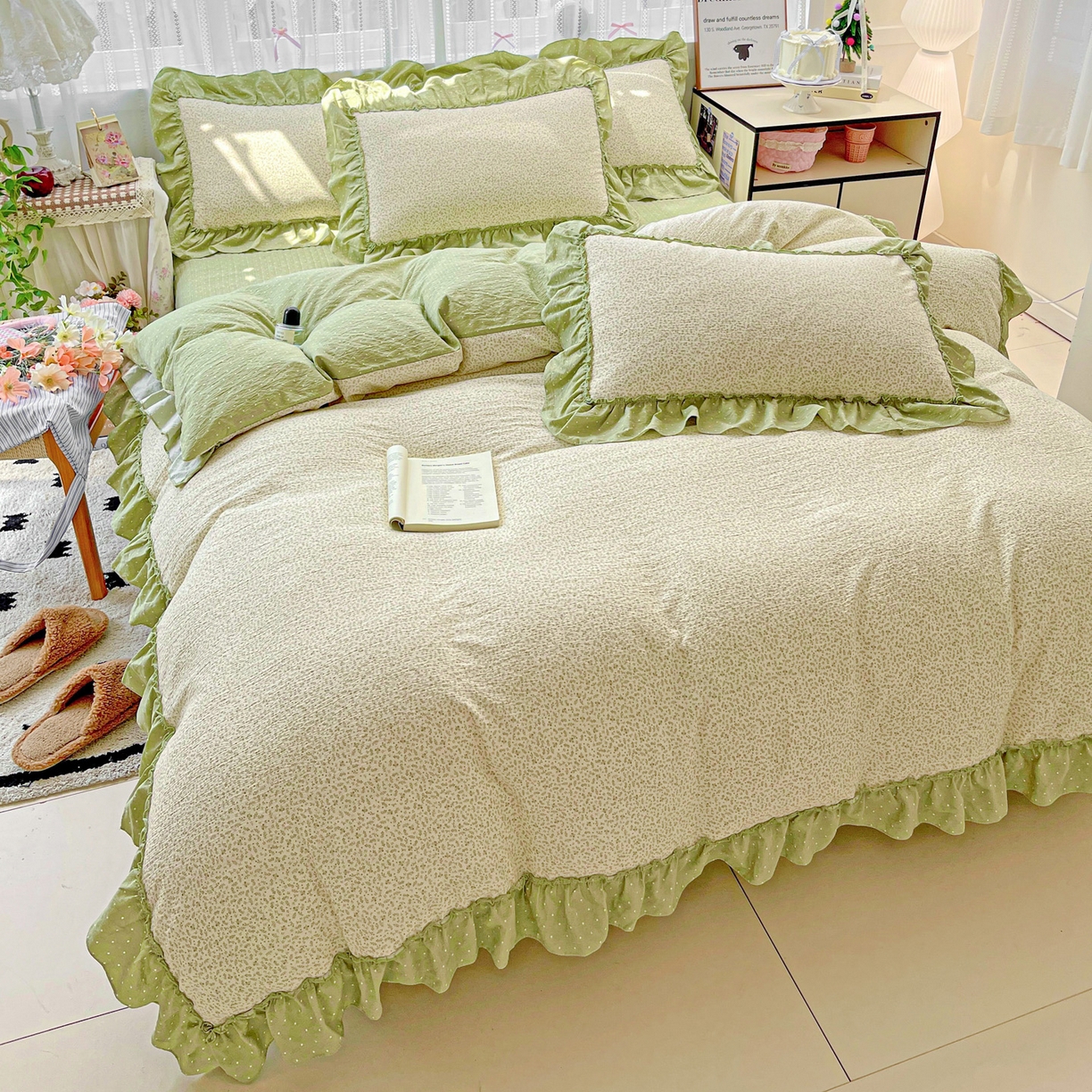 91家纺网 家纺一手货源 找家纺 2025秋冬加厚款云感亲肤棉邹邹纱床盖床裙四件套-仙美密拷花边 波点女王-抹茶绿