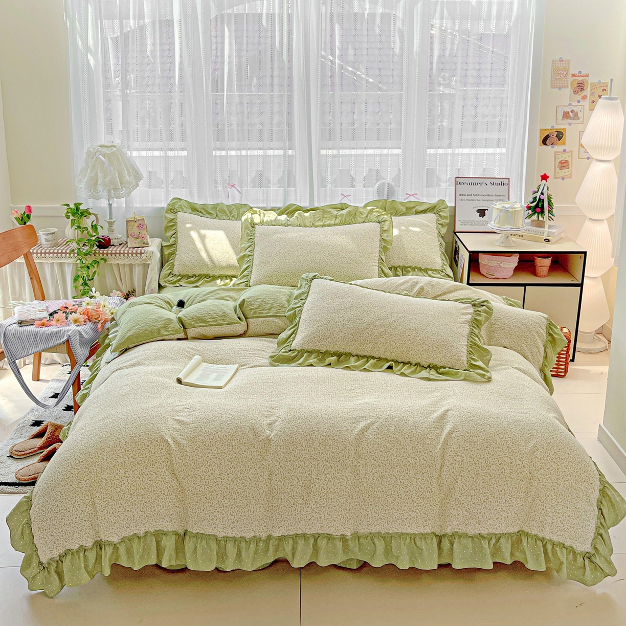 91家纺网 家纺一手货源 找家纺 2025秋冬加厚款云感亲肤棉邹邹纱床盖床裙四件套-仙美密拷花边 波点女王-抹茶绿