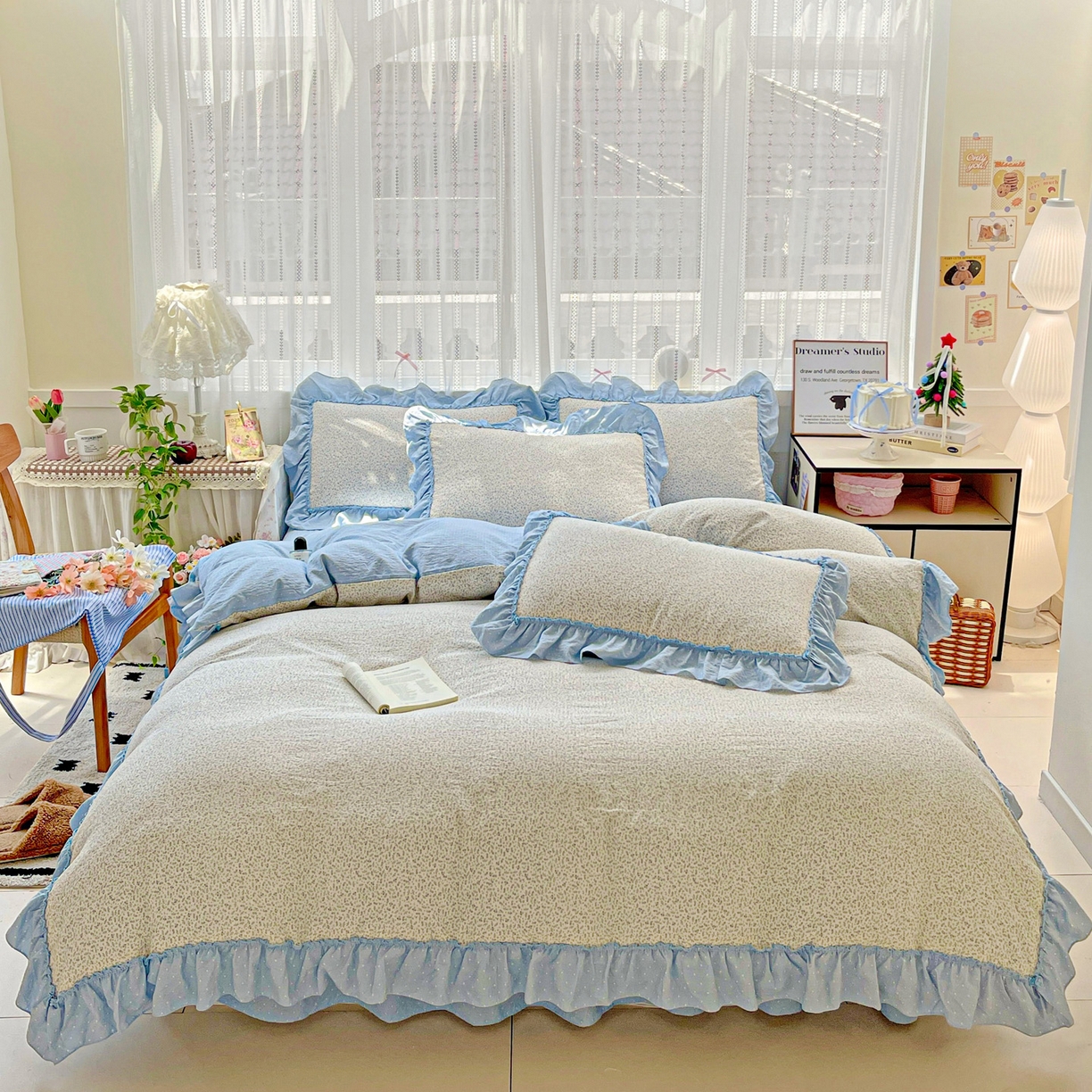 91家纺网 家纺一手货源 找家纺 2025秋冬加厚款云感亲肤棉邹邹纱床盖床裙四件套-仙美密拷花边 波点女王-茉雾蓝