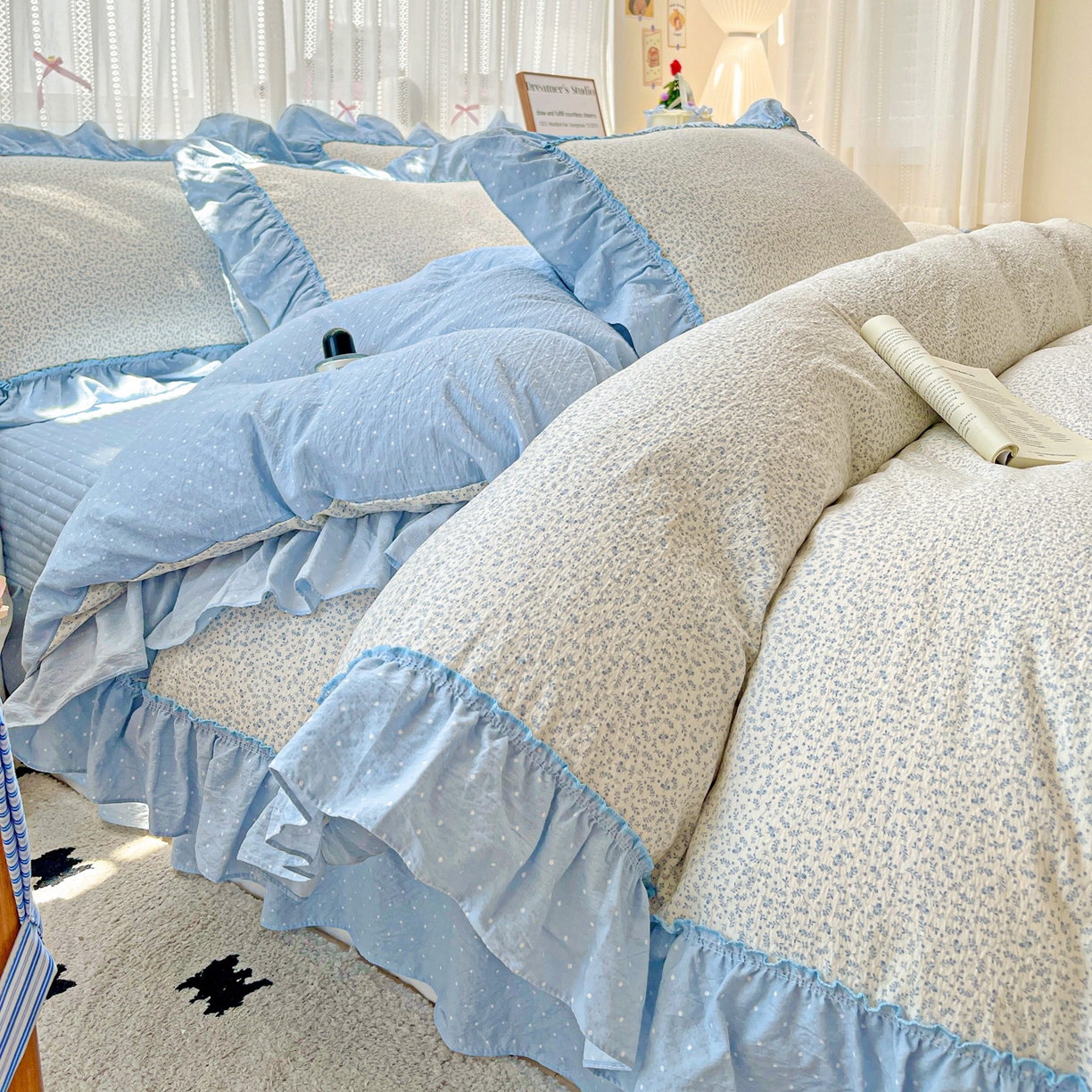 2025秋冬加厚款云感亲肤棉邹邹纱床盖床裙四件套-仙美密拷花边 波点女王-茉雾蓝