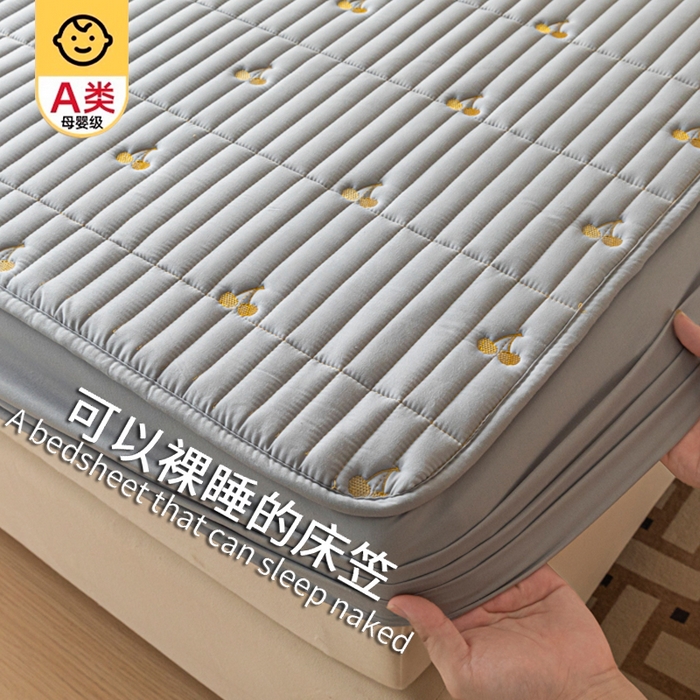 暖季家纺 2025新款A类亲肤面料夹棉绣花床笠-不防水款 小樱桃-灰-普通款