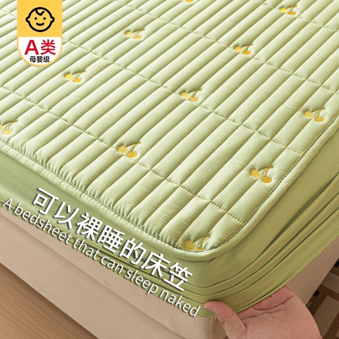 暖季家纺 2025新款A类亲肤面料夹棉绣花床笠-不防水款 小樱桃-果绿-普通款