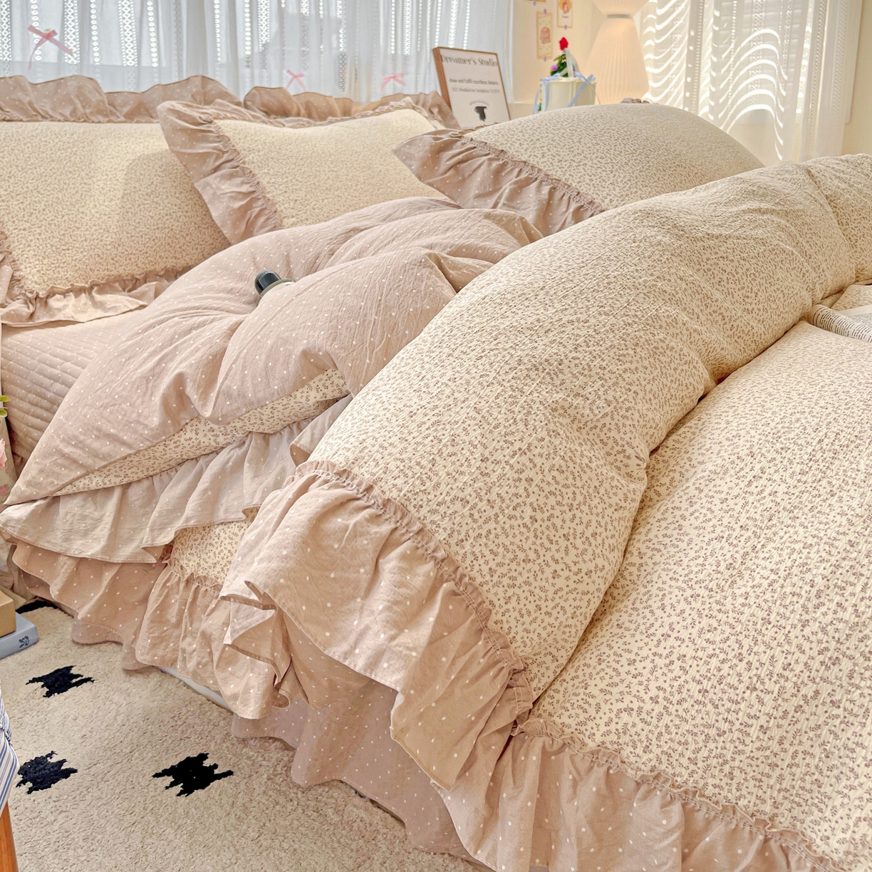 2025秋冬加厚款云感亲肤棉邹邹纱床盖床裙四件套-仙美密拷花边 波点女王-巧克力棕