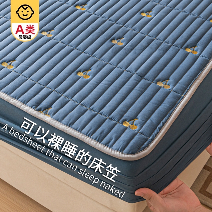 暖季家纺 2025新款A类亲肤面料夹棉绣花床笠-不防水款 小樱桃-宾利蓝-普通款