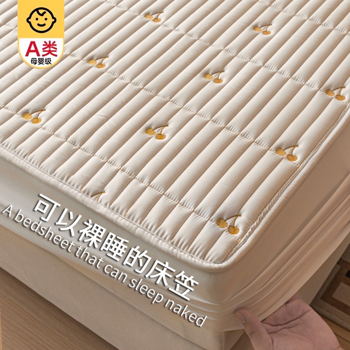暖季家纺 2025新款A类亲肤面料夹棉绣花床笠-不防水款 小樱桃-白-普通款