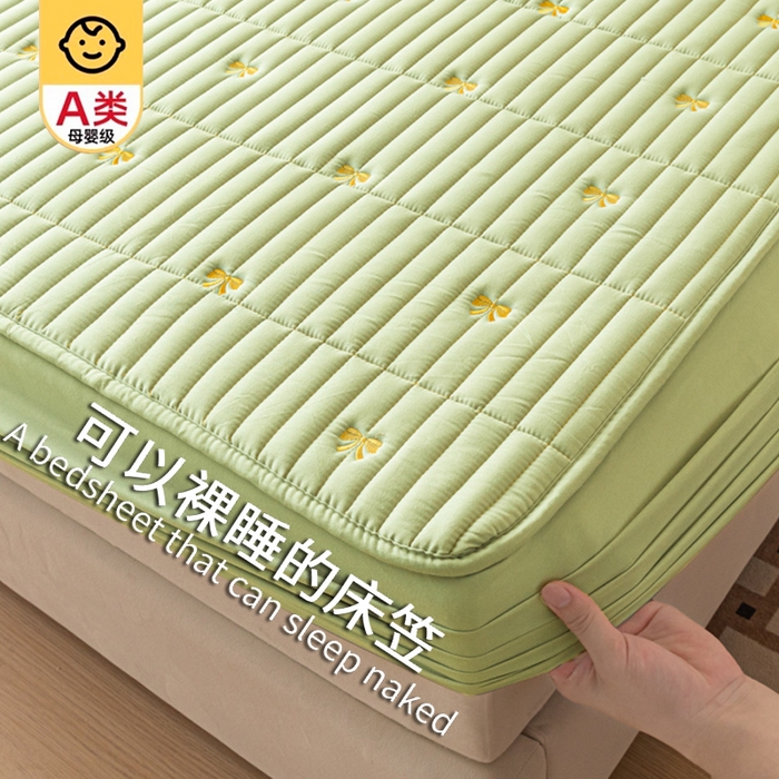 暖季家纺 2025新款A类亲肤面料夹棉绣花床笠-不防水款 小蝴蝶结-果绿-普通款