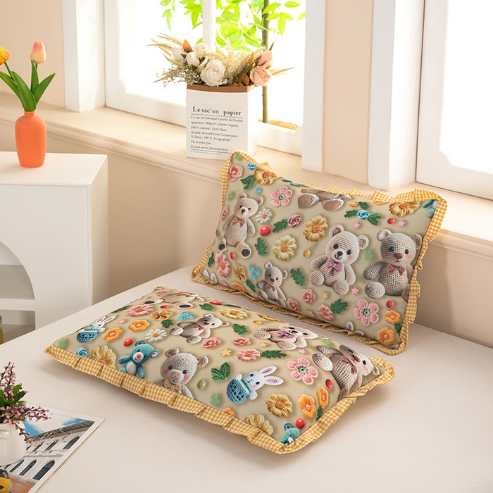 91家纺网 家纺一手货源 找家纺 枕之坊2025新款5D数码印花小熊纯荞麦枕 小熊黄30*52cm