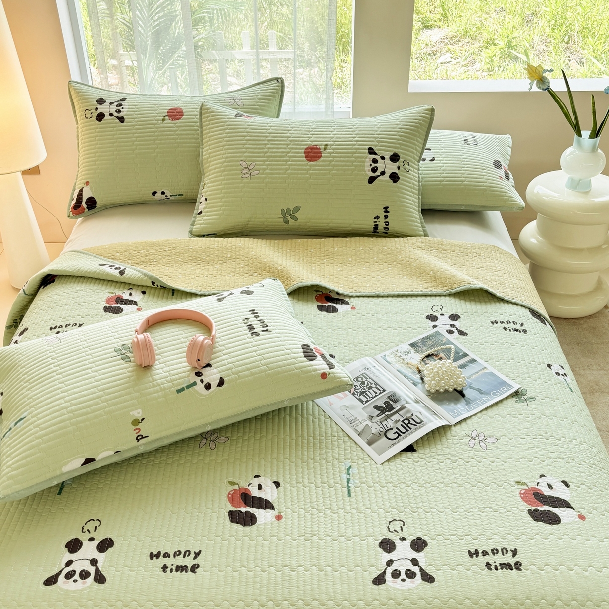 91家纺网 家纺一手货源 找家纺 金艾草 2025新款双面纯棉高温水洗床盖三件套 熊猫乐园