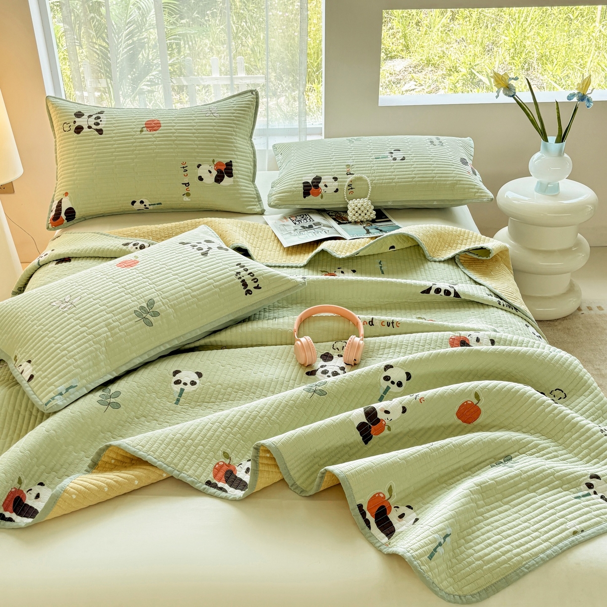 91家纺网 家纺一手货源 找家纺 金艾草 2025新款双面纯棉高温水洗床盖三件套 熊猫乐园