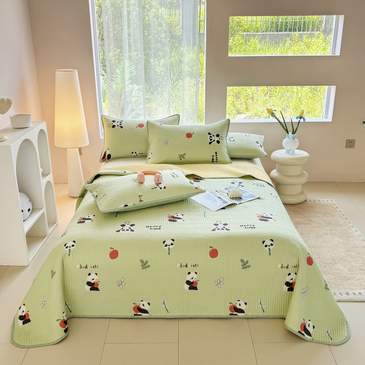 91家纺网 家纺一手货源 找家纺 金艾草 2025新款双面纯棉高温水洗床盖三件套 熊猫乐园