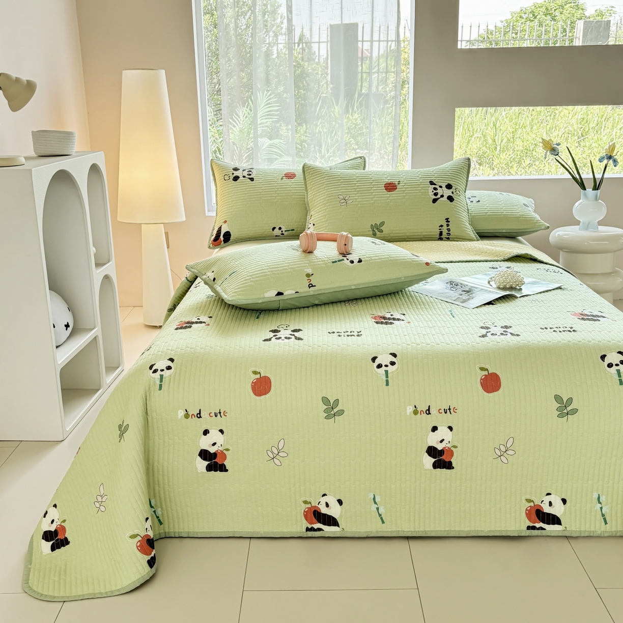 91家纺网 家纺一手货源 找家纺 金艾草 2025新款双面纯棉高温水洗床盖三件套 熊猫乐园