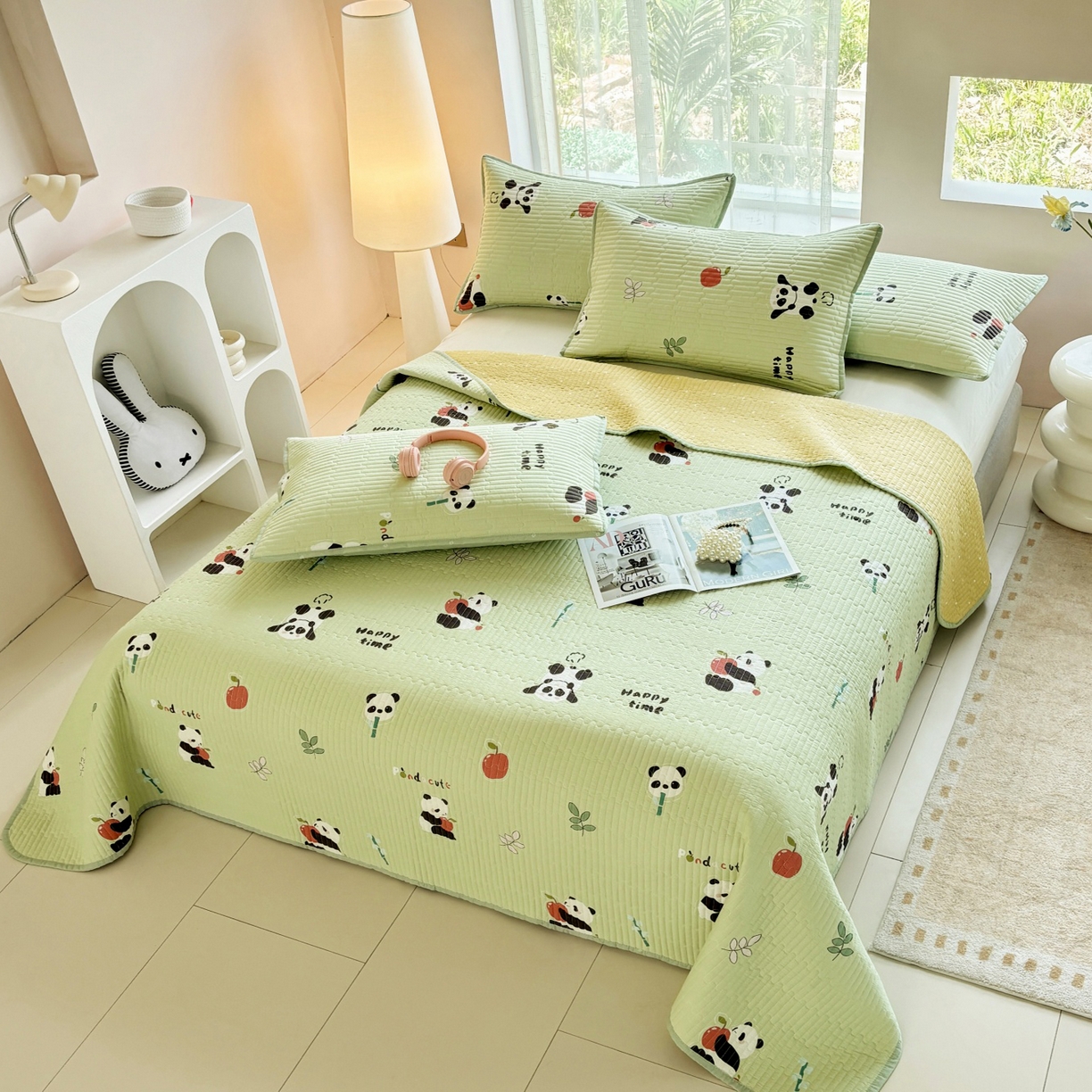 91家纺网 家纺一手货源 找家纺 金艾草 2025新款双面纯棉高温水洗床盖三件套 熊猫乐园