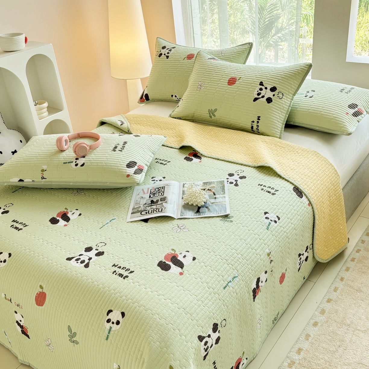 91家纺网 家纺一手货源 找家纺 金艾草 2025新款双面纯棉高温水洗床盖三件套 熊猫乐园