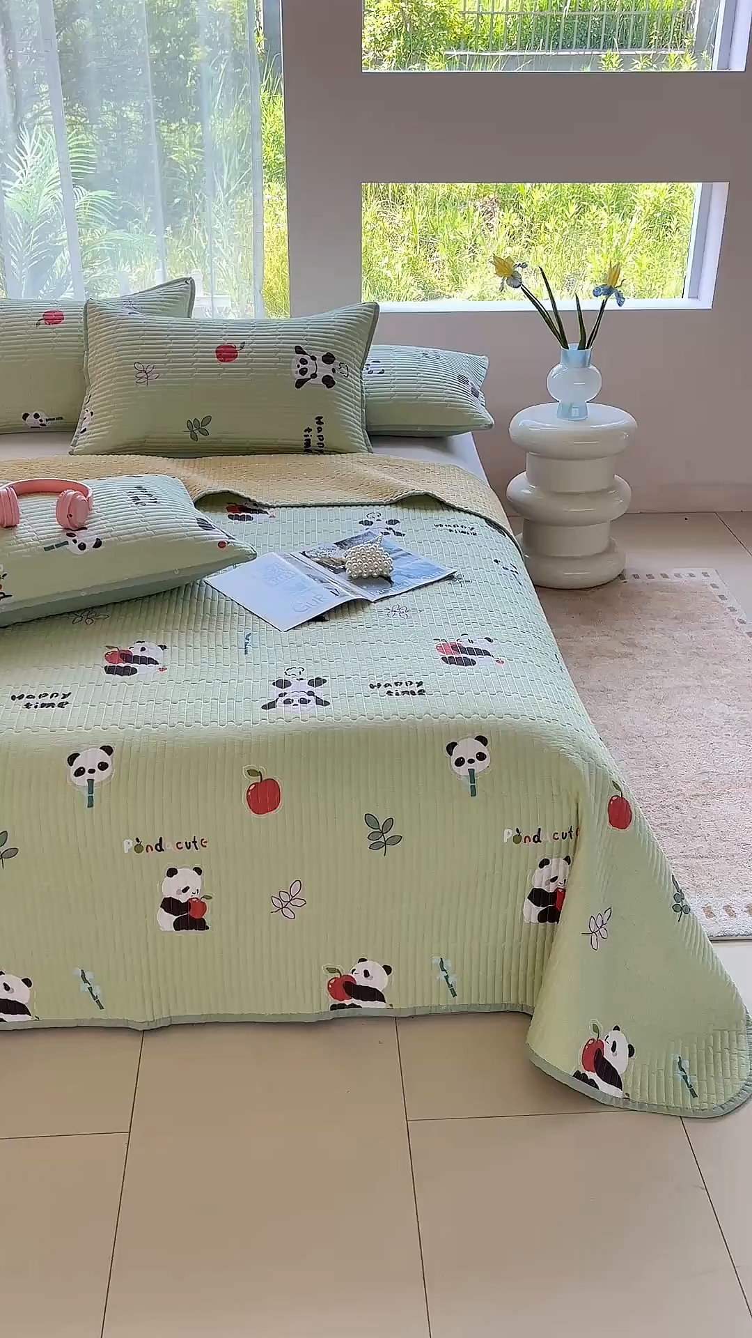 91家纺网 家纺一手货源 找家纺 金艾草 2025新款双面纯棉高温水洗床盖三件套 熊猫乐园