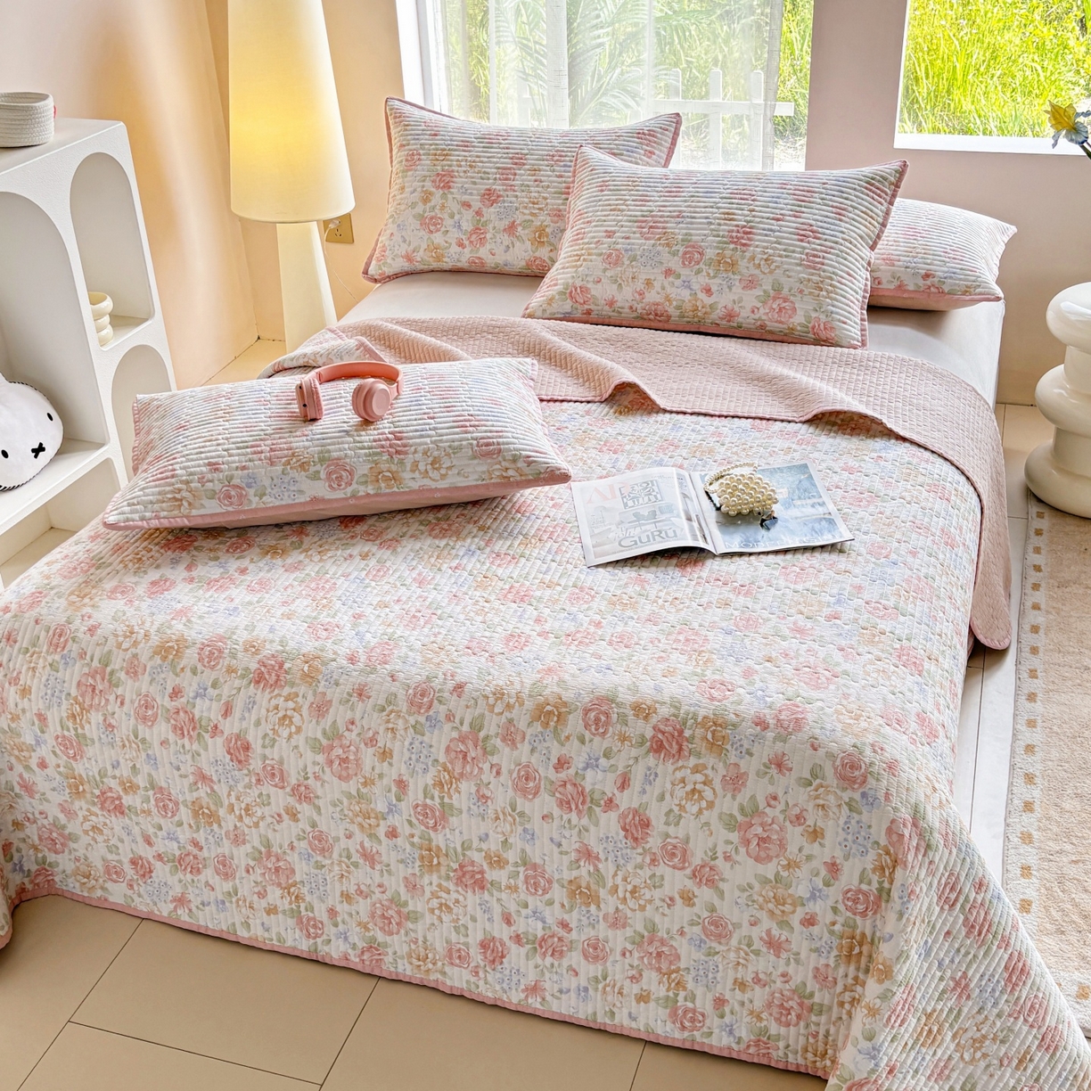 91家纺网 家纺一手货源 找家纺 金艾草 2025新款双面纯棉高温水洗床盖三件套 花恋