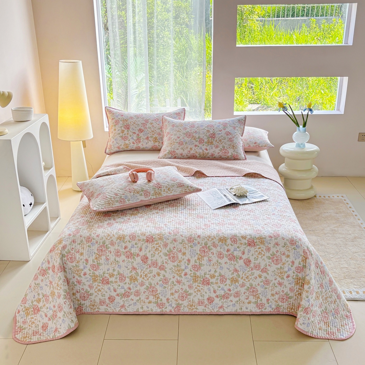 91家纺网 家纺一手货源 找家纺 金艾草 2025新款双面纯棉高温水洗床盖三件套 花恋