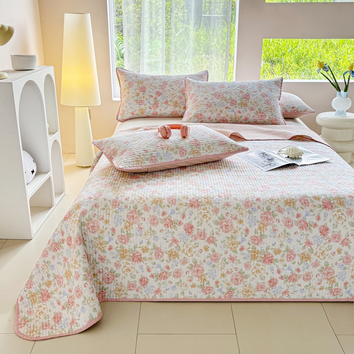 91家纺网 家纺一手货源 找家纺 金艾草 2025新款双面纯棉高温水洗床盖三件套 花恋