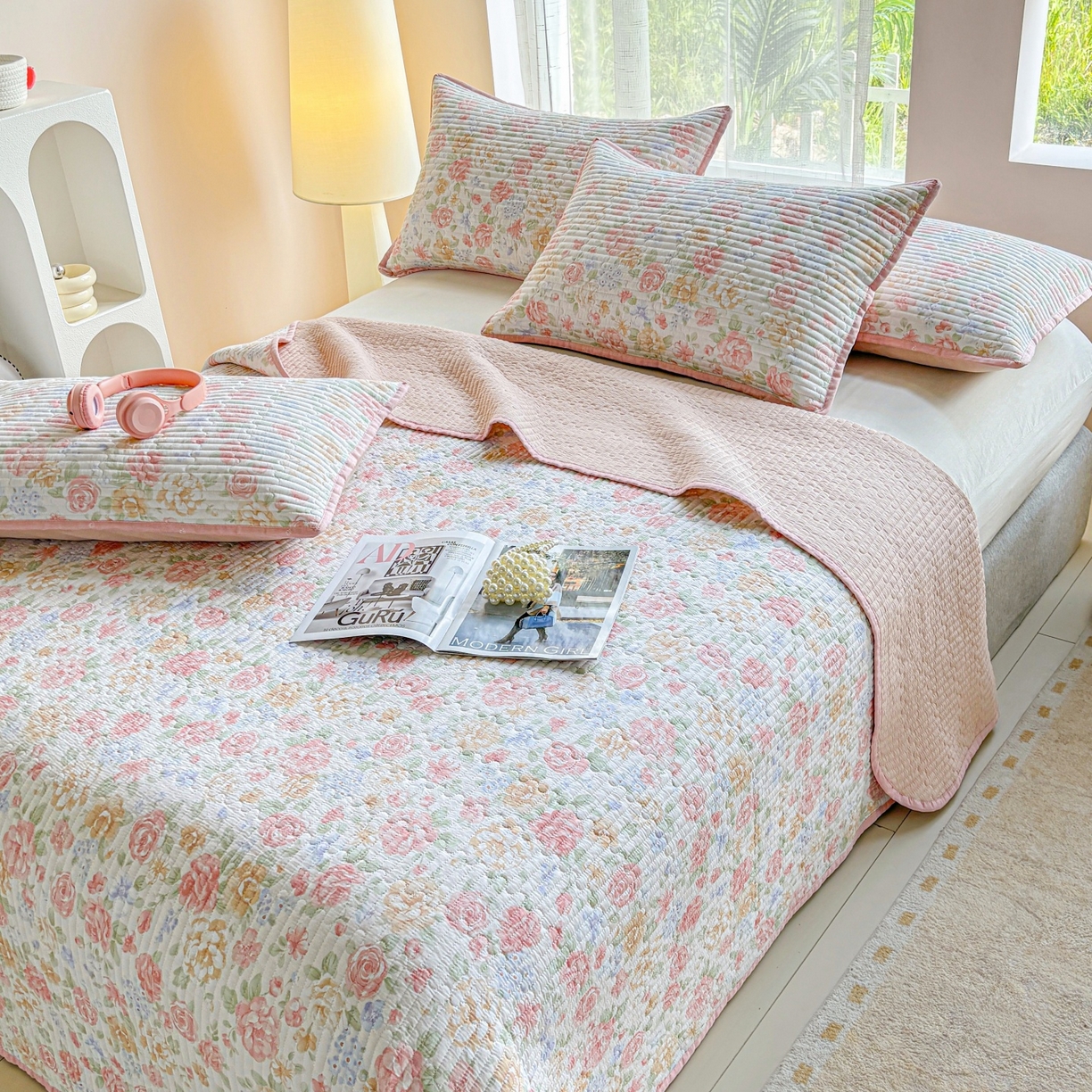 91家纺网 家纺一手货源 找家纺 金艾草 2025新款双面纯棉高温水洗床盖三件套 花恋